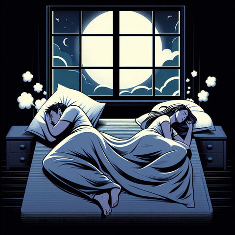 A Man And A Woman Are Sleeping While Tossing And Turning, Struggling To Get Sleep. Additionally, Depict A Window With The Moon Outside, Casting Darkness Over The Scene