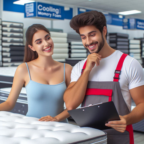 A Man And Woman Buying A Cooling Memory Foam Mattress From Doms Mattress Store