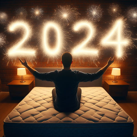 A Man Celebrates New Year's Eve 2024 At Night With Fireworks In The Air That Spell Out 'Mattress'