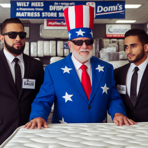 A Man, Dressed Up Like A President, Is Buying A Mattress At Doms Mattress Store, And He Is Accompanied By Secret Service Agents