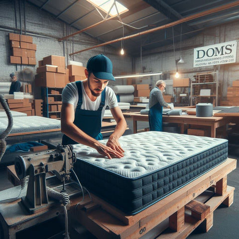 A Man Is Making A 10" Mattress Inside A Warehouse For Doms Mattress Store