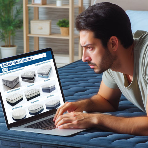 A Man Searching For The Best Gel Hybrid Mattresses On His Laptop