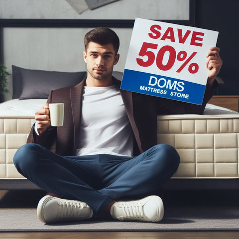 A Man Sitting On A Mattress While Holding A Sign That Says Save 50% Off At Doms Mattress Store