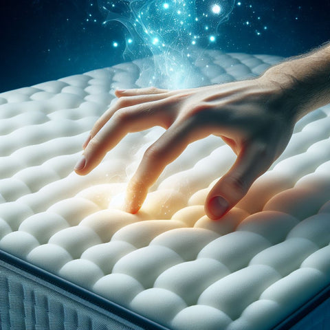 A Memory Foam Mattress With A Hand Pressing Down On It To Demonstrate Its Comfort