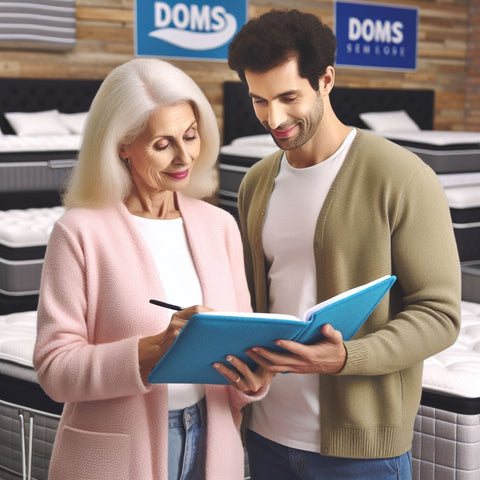 A Middle-Aged Woman Is Shopping At Doms Mattress Store For A Mattress That's Perfect For Stomach Sleepers