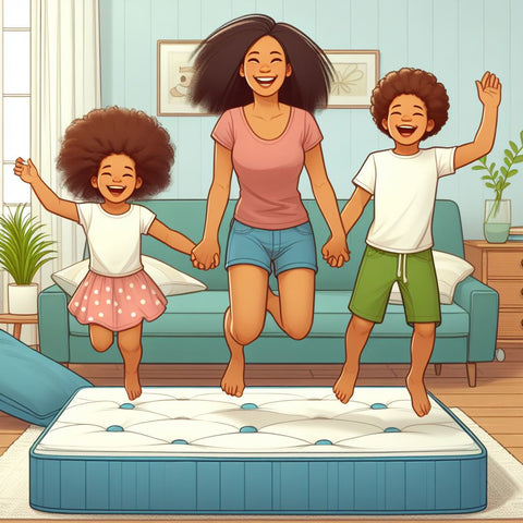 A Mom With Kids Jumping On A Mattress While Smiling