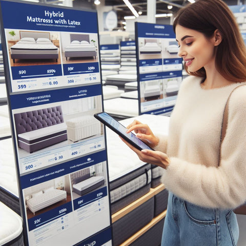 A Woman Is Browsing Mattresses In A Store, And There's A Section Labeled 'Hybrid Mattress With Latex'