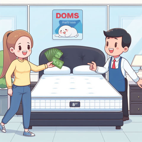 A Woman Is Purchasing An 8" Mattress From Doms Mattress Store While Showing Money To A Salesman