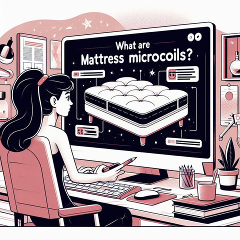 A Woman Is Researching On A Computer, And On The Screen, It Says, 'What are mattress microcoils?'