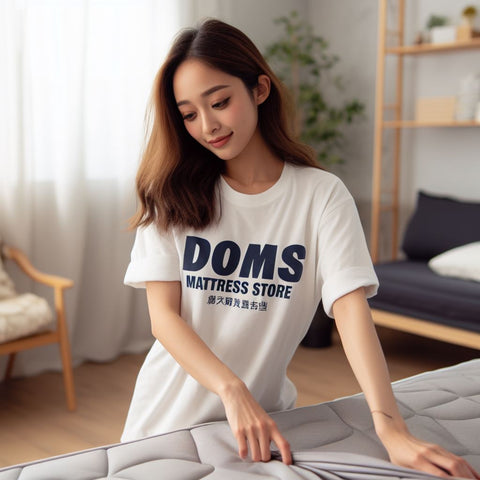 A Woman Making A Bed While Wearing A Shirt That Says Doms Mattress Store