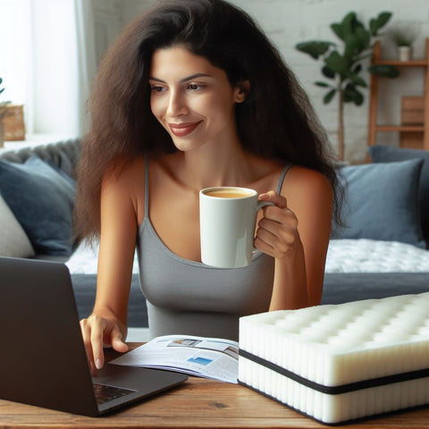 A Woman Sitting At A Desk Drinking Coffee While Reading Mattress Reviews About Gel Memory Foam Mattresses On Her Laptop