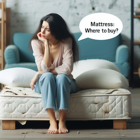 A Woman Sitting On An Old, Damaged Mattress At Home, Holding Her Back, Is Deep In Thought. A Chat Bubble Above Her Reads 'Mattress: Where To Buy?'