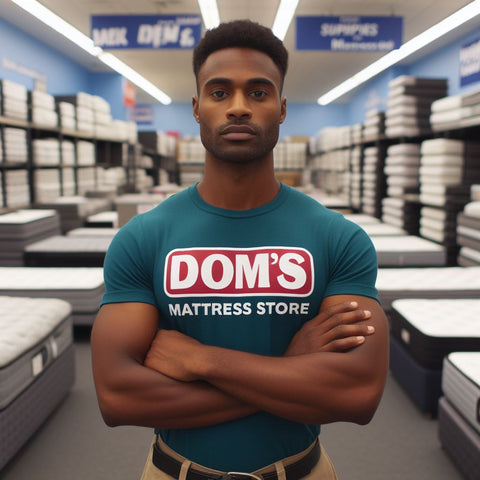 An African American Man Is Wearing A Shirt That Says Doms Mattress Store