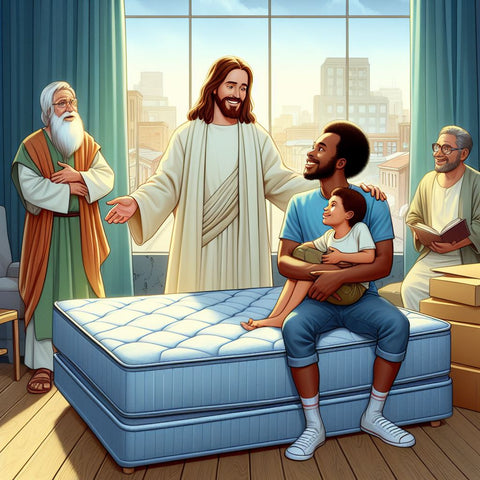 Jesus And An African American Man Are Giving A Mattress To A Family In Need