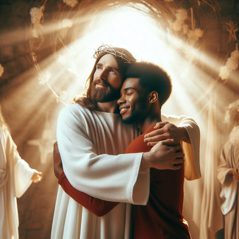 Jesus And An African American Man Are Hugging, Celebrating Easter