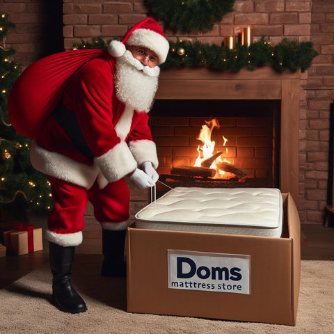 Santa Claus Is In Front Of A Fireplace, Pulling A Mattress Out Of His Bag That's Inside Of A Box That Reads Doms Mattress Store