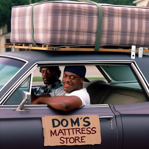 Smokey From Friday Is Driving A Car Down The Street With A Mattress Tied To The Roof Of His Car And A Sign On His Car That Reads 'Doms Mattress Store'