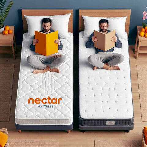Two Mattresses Are Being Compared Side By Side: One Is From Nectar Mattress, And The Other Is From Doms Mattress Store