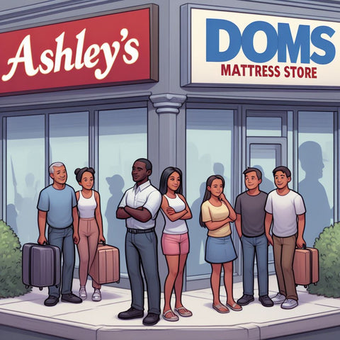 Two Stores Stand Side By Side: One Is Ashley's Furniture Store, And The Other Is Doms Mattress Store. In The Middle, A Family Stands, Appearing Undecided