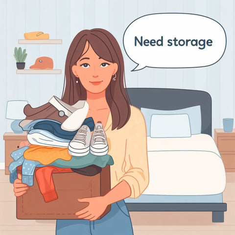 Woman Holding A Bunch Of Stuff In Her Hand Like Clothes Shoes And Other Related Items, With A Chat Bubble Above Her Head That Says Need Storage, Also Showing A Bed In The Background