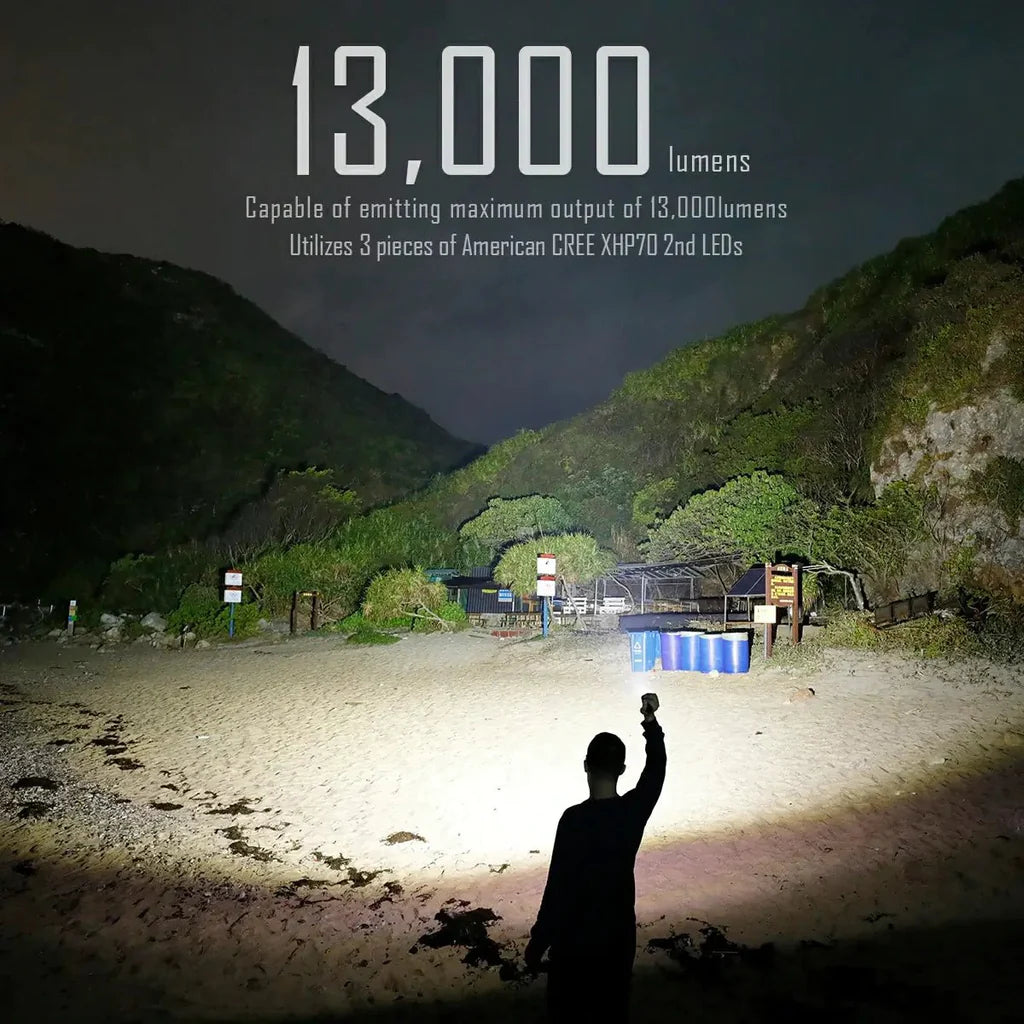 Brightest EDC flashlight 13,000 lumens,Max beam distance is 324 meters,3 pcs of CREE XHP70.2 LEDs MS03