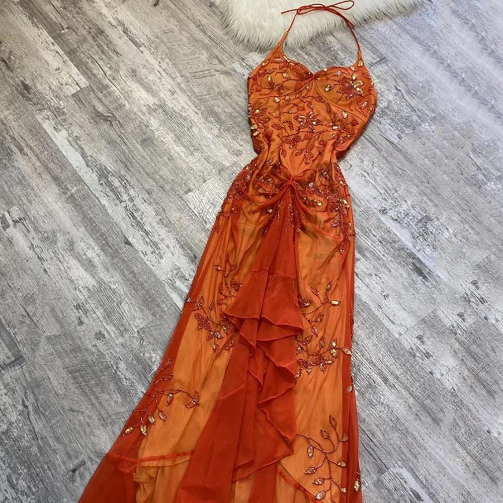 TAVIMART  -  Elegant Orange Spaghetti Straps Beaded Prom Dress Women 2025 Gorgeous Mermaid Tulle Party Dresses Sequins Evening Dress