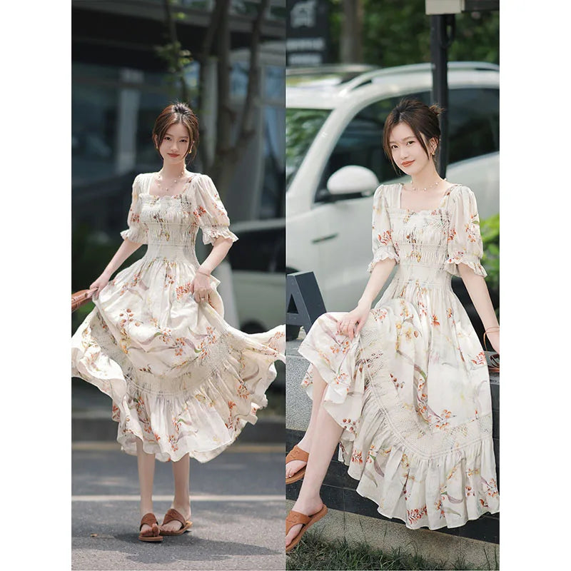 TAVIMART  -  Summer Printed Midi Dresses for Women Elegant Party Square Neck Short Sleeves Fashion Casual Sweet Bandage Female Clothes