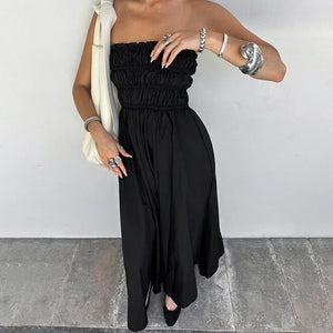 TAVIMART  -  Elegant Black Cotton Sexy Chest Wrapped Dress 2025 Spring and Summer Women Beach Style Backless Layered Wooden Ear Casual Dress - tavimart