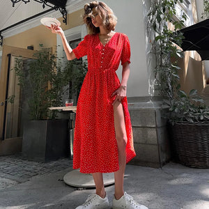 TAVIMART  -  Summer Elegant Dot Long Dress Women V Neck Single Breasted Short Sleeve High Split Casual Fashion Streetwear Red Robes - tavimart