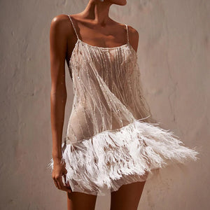 TAVIMART  -  Women Elegant Backless Spaghetti Straps Dress Sexy Layered Fringe Mesh Beaded Banquet Mini Dress Casual Sleeveless Short Dresses - tavimart