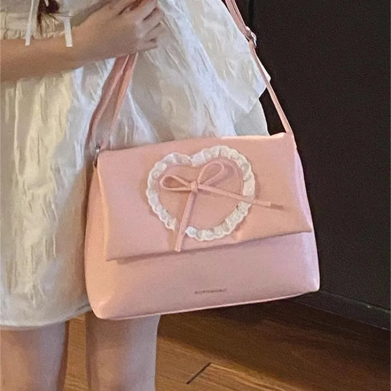 TAVIMART -  Pink Sweet Shoulder Bag for Women Love Heart Fashion Large Capacity Casual Armpit Bag Elegant Harajuku Literary Handbag