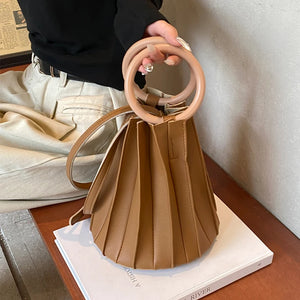 TAVIMART  -  Retro Round Wood Handle Tote Clutch Bag For Women Designer Pleated Striped Bucket Handbag Pu Leather Shoulder Crossbody Bags - tavimart