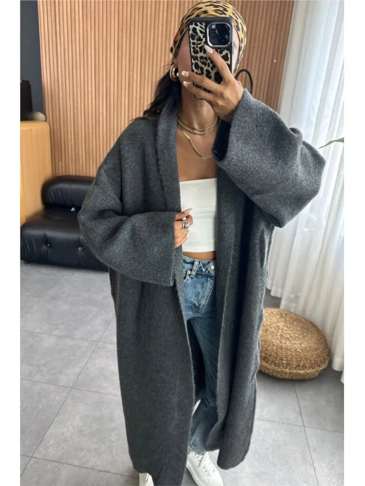 TAIVIMART  -  Casual Thick Knitting Cardigan Coat Chic Warm Gray Women Jackets New Autumn Winter Fashion Straight Long Outerwear Female