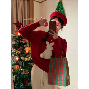 TAVIMART  -  Korean Winter Red Christmas Sweater Cute Rabbit Loose Casual Knit Top for Women Pullover Sweater Top with Sleeves Plus Size - tavimart