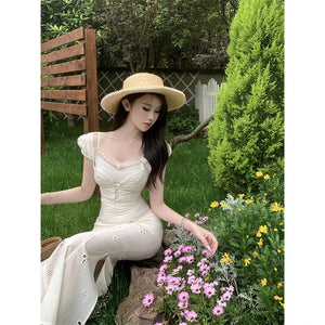 TAVIMART  -  Summer Apricot Elegant Sexy Holiday Long Dress Women V Neck Hollow Out Sleeveless Birthday Party A-Line Sundress Fashion Robe - tavimart