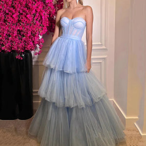 TAVIMART  -  Elegant Light Blue Prom Dress Ruched Tiered Tulle Sweethearts Evening Gowns Party Graduation Dresses Vestido De Noche - tavimart