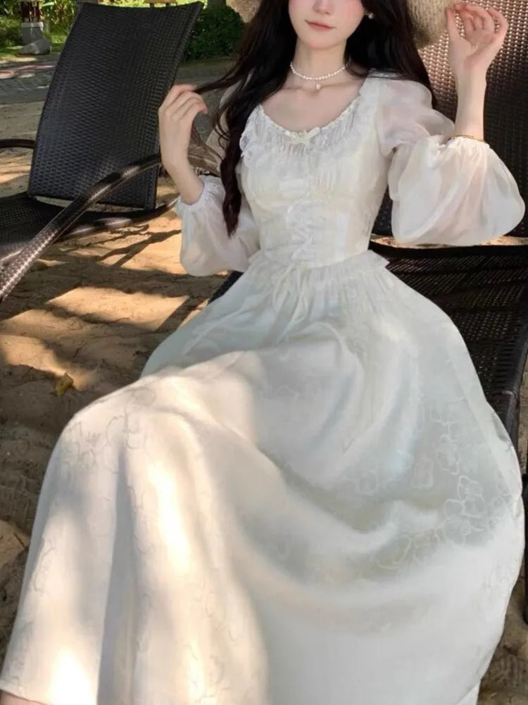 TAVIMART  -  Women Puff Sleeves Floral Lace Up Midi Dress Summer Elegant Medieval Retro Evening Party Prom Chic One-piece Clothing