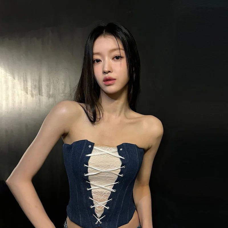 TAVIMART  -  Autumn new women's fashion lace sexy fashion cross strap design Slim denim small vest