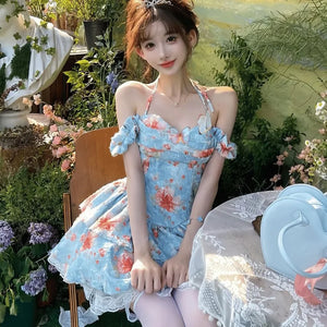 TAVIMART  -  Summer New Style Sweet French Dress Women's Oil Painting Smudged Floral Party Dresses Casual Lace Halter Neck Short Dresses - tavimart