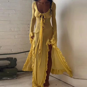 TAVIMART  -  Elegant Low Cut Hollow Out Evening Party Dress Women Sexy Split Lace Up Ruffle Long Dress Casual Flared Sleeves Solid Maxi Dress - tavimart