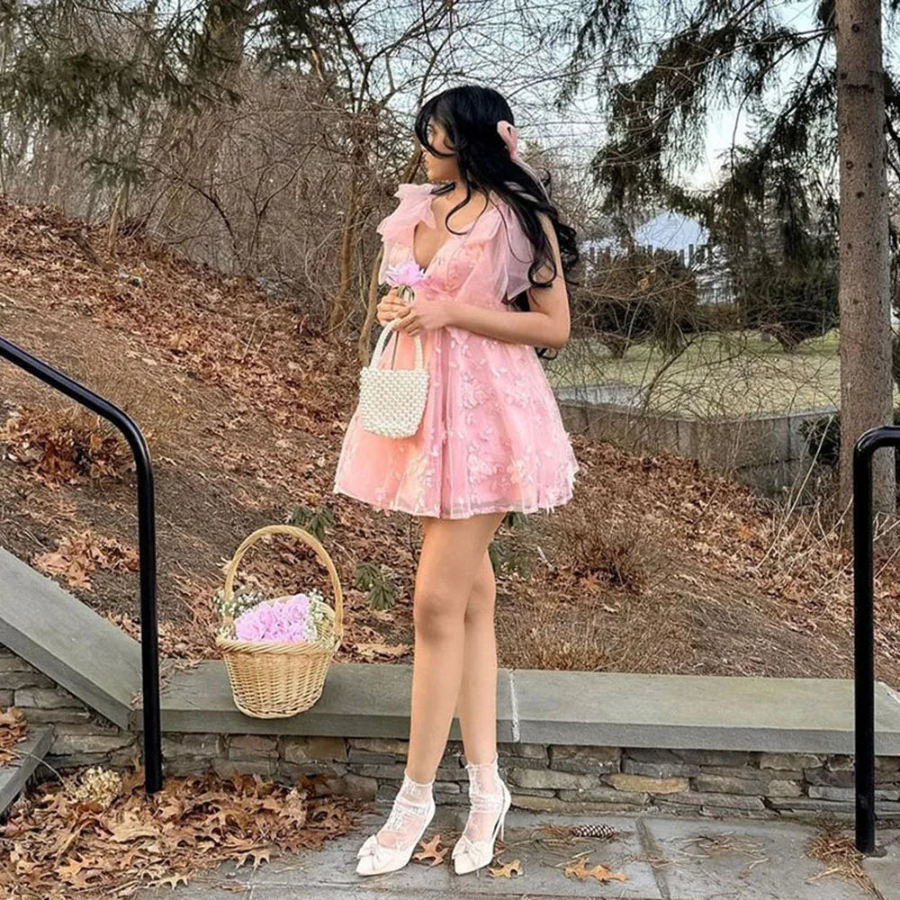 TAVIMART  -  Elegant Pink Evening Dresses A-Line Puff Sleeves Prom Dresses Ankle Length Formal Prom Gowns Button Graduation Dress