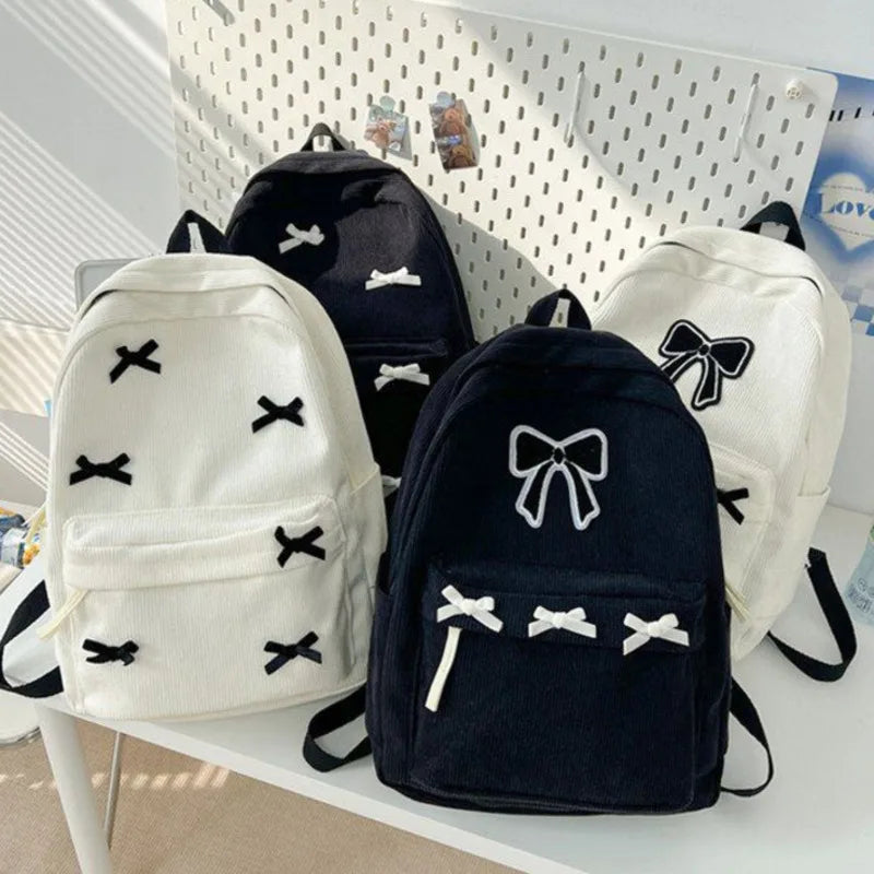 TAVIMART  -  Bow Backpack Japanese Korean Girls Nylon Large Capacity Backpack Corduroy Zipper Student Unisex Lightweight Backpack New
