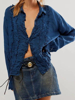 TAVIMART  -  Fungus Trim Solid Shirts For Women Spring New Single Breasted Lapel Collar Blouses Simple Casual Fashion Long Sleeve Blouse Lady - tavimart