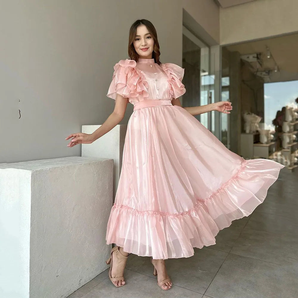 TAVIMART  -  Elegant Pink Evening Dresses A-Line Puff Sleeves Prom Dresses Ankle Length Formal Prom Gowns Button Graduation Dress