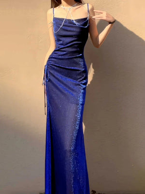 TAVIMART  -  Blue Shiny Silk Dress Suspender Light Luxury Fishtail Dress Birthday Party Dress Gorgeous Dreamy Homecoming Dresses 2024 New - tavimart