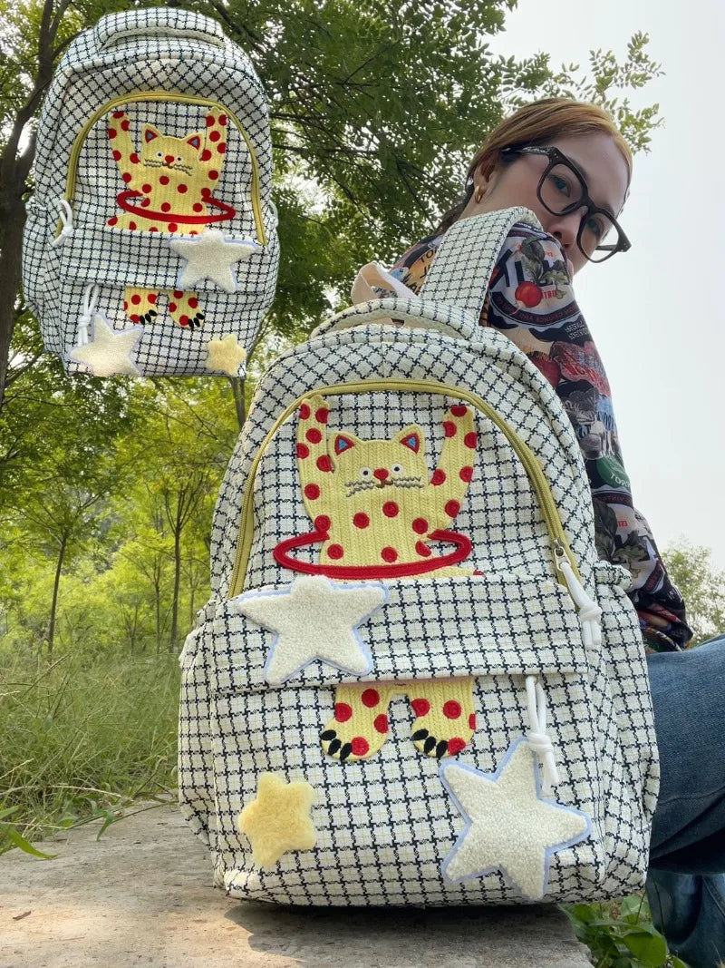 TAVIMART  -  Korean Fashion Star Patchwork Cartoon Cat Y2k Aesthetic Women Backpack High-capacity Travel Rucksack Casual All Match School Bag