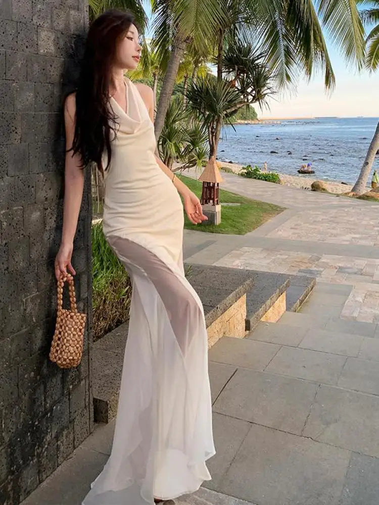 TAVIMART  -  Korean Fashion Beige Mesh Elegant Sleeveless Backless Pleated Long Dress Summer Women Sexy Club Vacation Slim Halter Dress