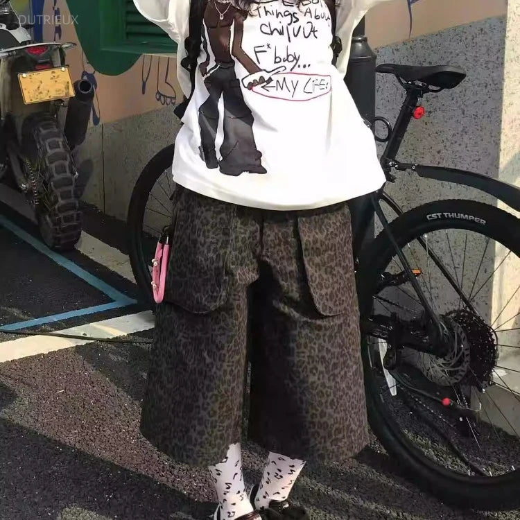 TAVIMART - American Retro Leopard Print Jean Shorts Summer New Wide Leg Y2k E-Girl Loose Straight Denim Calf-Length Pants