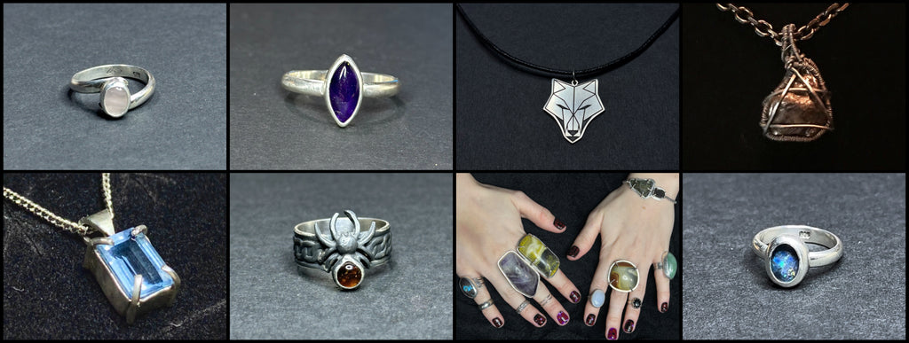 Eight images of custom jewelry made by Silver Age Jewelry