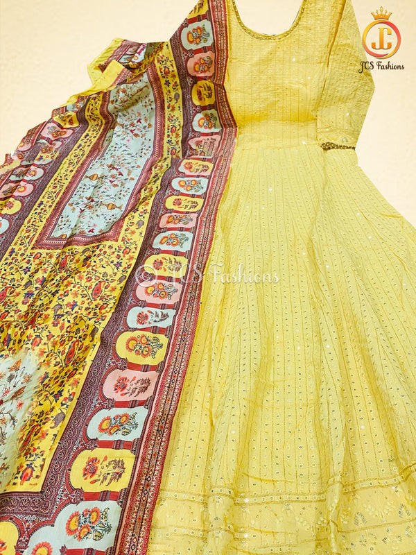 Yellow or Blue Zari Woven Banarasi Silk Anarkali Gown with Dupatta -  Gajiwala - 3919364
